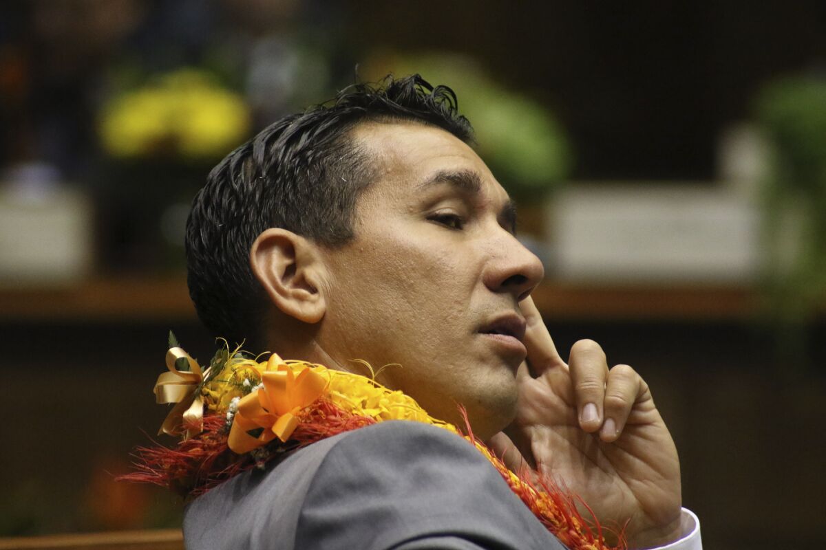 FILE -- In this Jan. 15, 2020 file photo, is state Sen. Kai Kahele at the opening day of the Hawaii Sate Legislature in Honolulu. Kahele is favored to win the Democratic Party’s nomination to represent Hawaii’s 2nd Congressional District in the primary election. The seat is currently held by U.S. Rep. Tulsi Gabbard, a Democrat who decided not to run for reelection so she could focus on her presidential campaign, which was ultimately unsuccessful. (AP Photo/Audrey McAvoy, File)