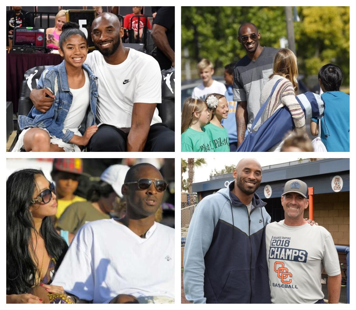 Kobe Bryant and his daughter Gianna, 13, were killed Sunday along with seven other local residents in a helicopter crash in Calabasas. Pictured clockwise from top left, Bryant and Gianna at the 2019 WNBA All-Star Game on July 27 in Las Vegas; Bryant greets others attending a Daily Pilot Cup soccer game in 2013; Bryant and Orange Coast College baseball coach John Altobelli, another of the crash victims; and Bryant and his wife, Vanessa, at a local event.