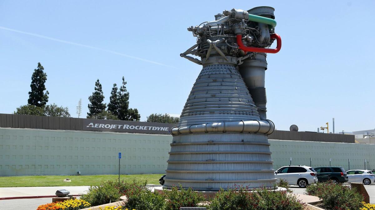 A model of the rocket engine used in the Saturn V rocket sits in front of the entrance to the Aerojet Rocketdyne facility in Canoga Park on May 28, 2015.