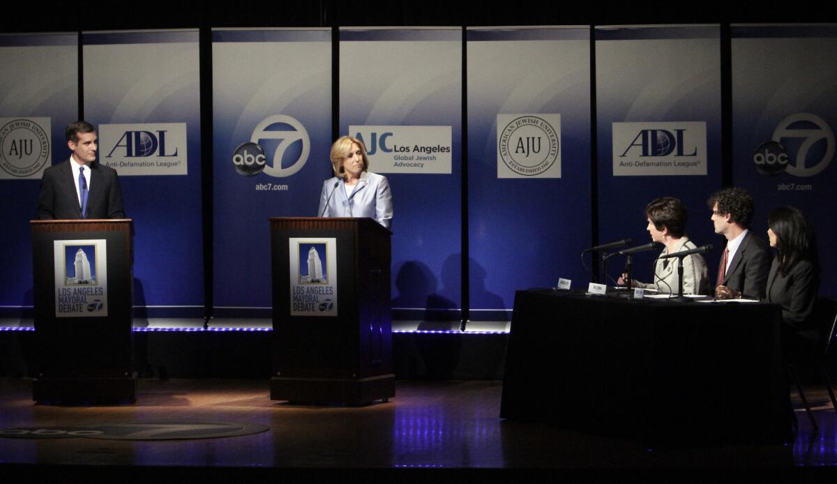 Mayoral candidates Wendy Greuel and Eric Garcetti in a debate at the American Jewish University.