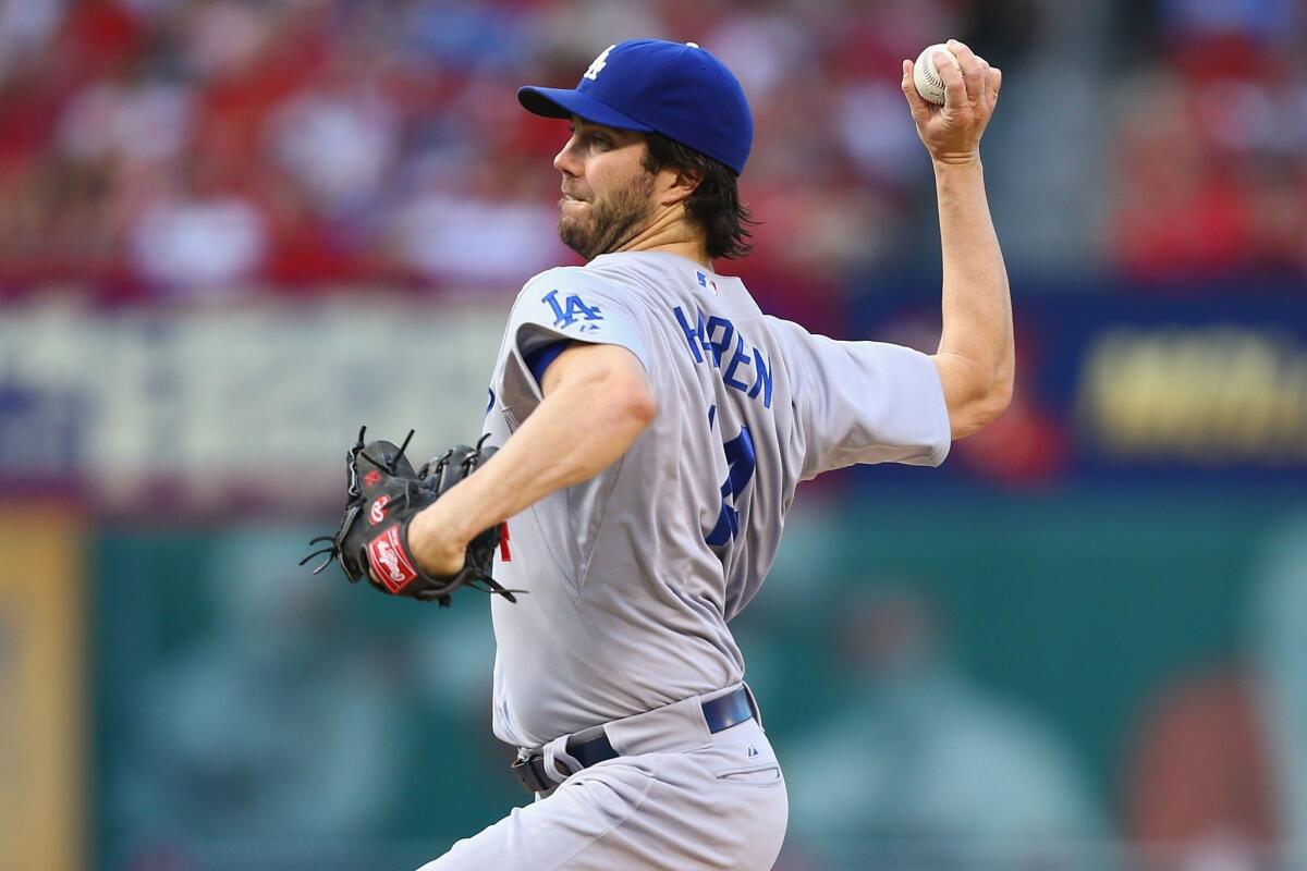 Dan Haren (8-7) lasted just 4 2/3 innings for the Dodgers against the Cardinals and gave up three runs on eight hits. Haren has lost his last three starts.