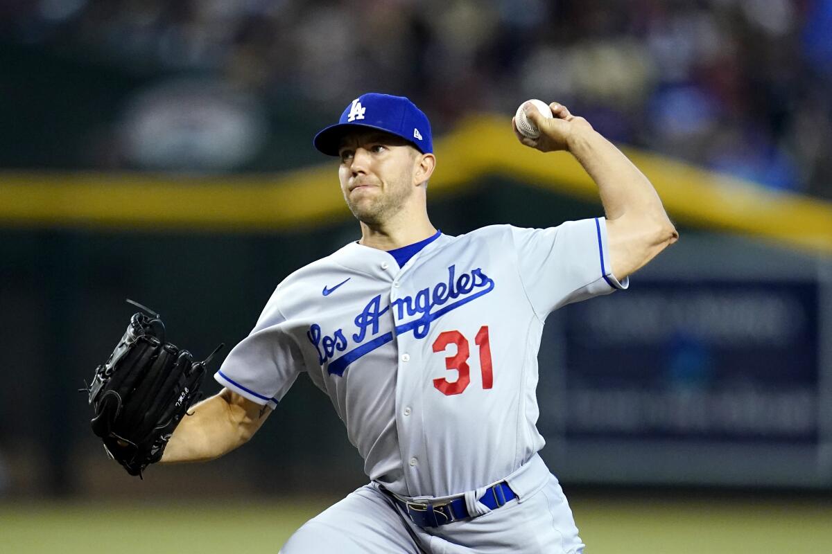 Dodgers starting pitcher Tyler Anderson throws a pitch against the Arizona Diamondbacks.