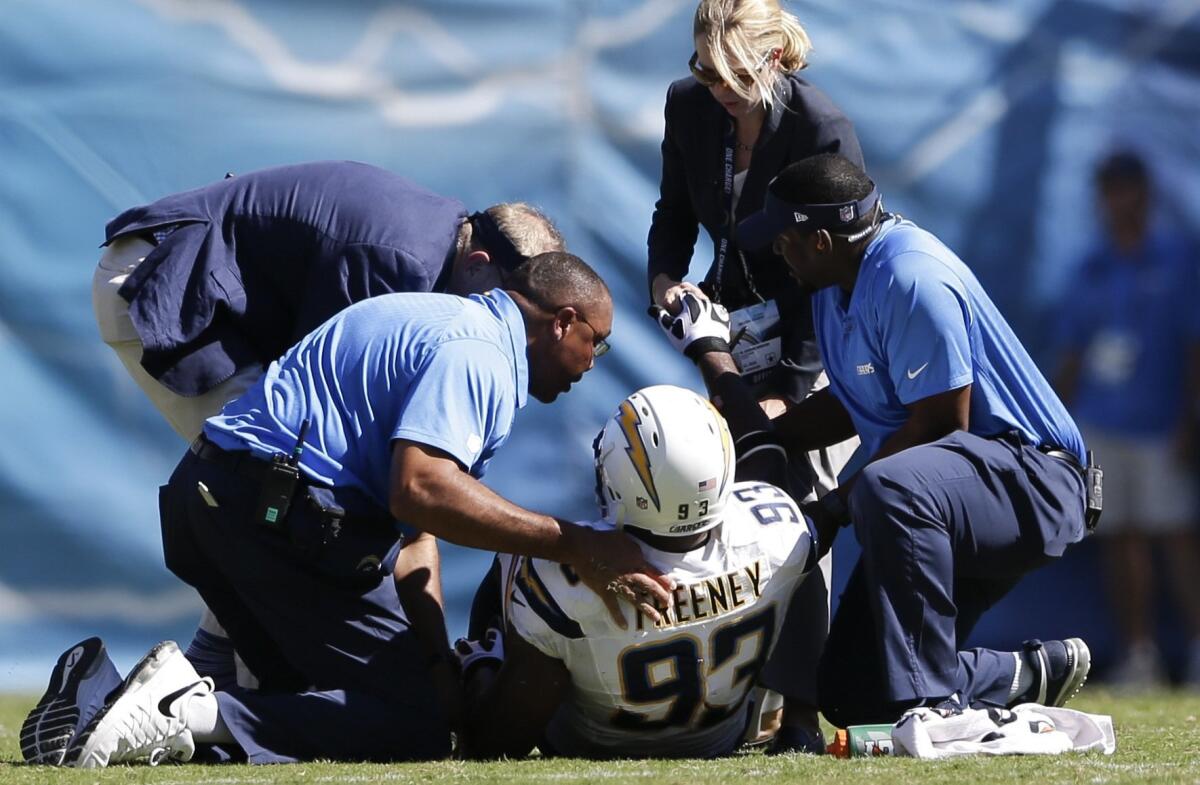 Chargers outside linebacker Dwight Freeney tore his quad against the Cowboys on Sept. 29, 2013.