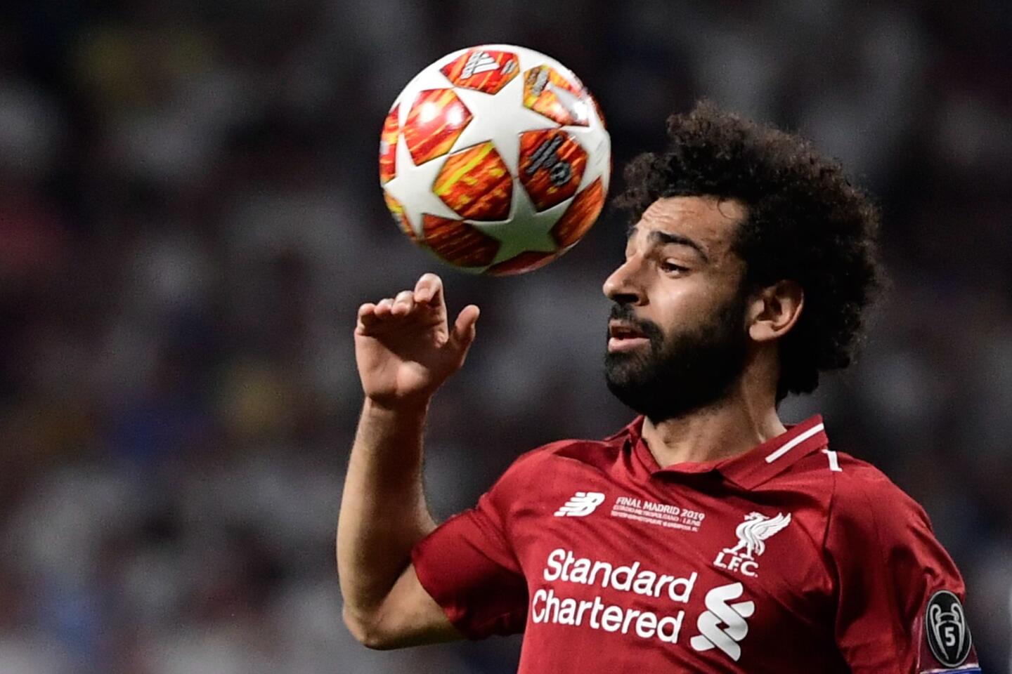 Liverpool's Egyptian midfielder Mohamed Salah gestures during the UEFA Champions League final football match between Liverpool and Tottenham Hotspur at the Wanda Metropolitan Stadium in Madrid on June 1, 2019.