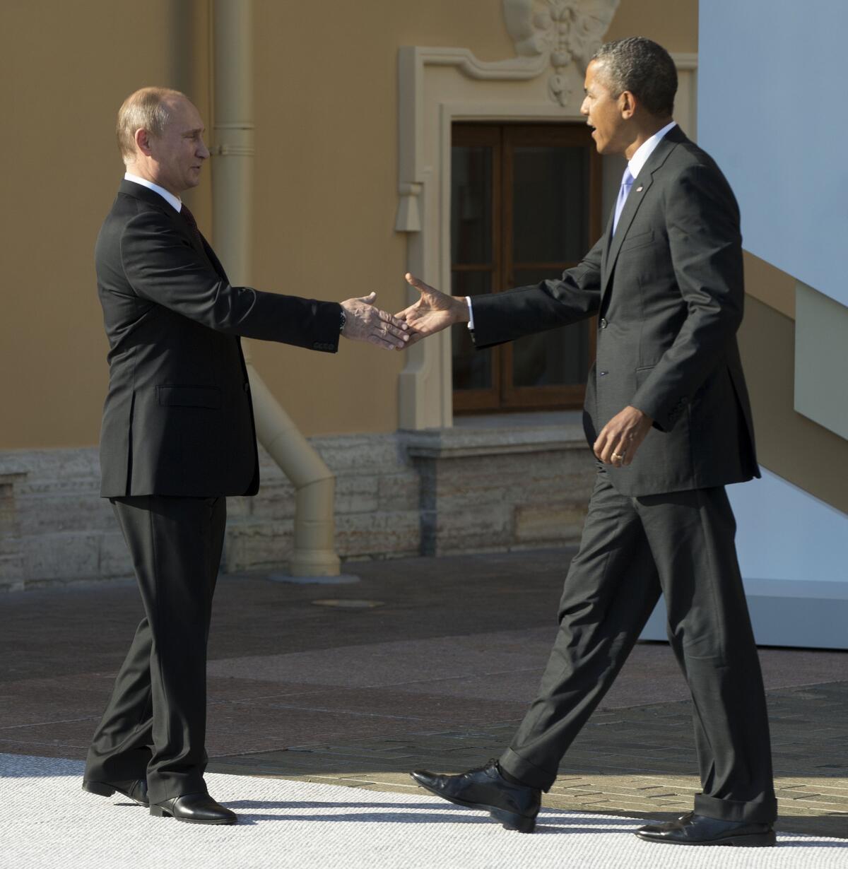 President Obama shakes hands with Russian President Vladimir Putin at the G-20 summit in St. Petersburg, Russia.