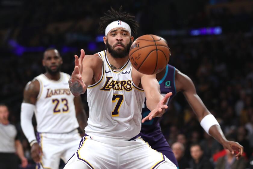 LOS ANGELES, CALIFORNIA - OCTOBER 27: JaVale McGee #7 of the Los Angeles Lakers battles for a rebound during the first half of a game against the Charlotte Hornets at Staples Center on October 27, 2019 in Los Angeles, California. (Photo by Sean M. Haffey/Getty Images)