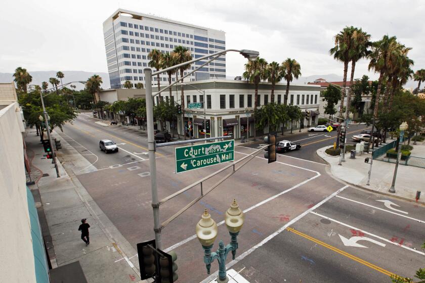 FILE - Downtown San Bernardino, Calif., is seen on July 12, 2012. Voters in Southern California's San Bernardino County will have the chance to decide in November whether they want the county to potentially secede from the state. The county's Board of Supervisors voted 4-0 on Wednesday, Aug. 3, 2022, to put the secession measure on the 2022 ballot, the Southern California News Group reported. (AP Photo/Reed Saxon, File)