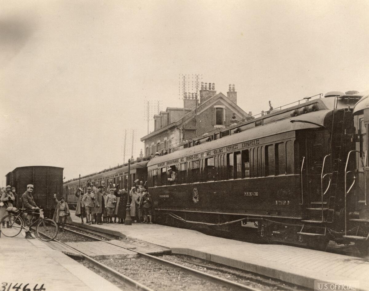 Nov. 11, 1918: French Gen. Marshal Foch's train arrives at the station at Compiegne in France. The armistice ending World War I was signed in Car No. 2419D, shown on the right.