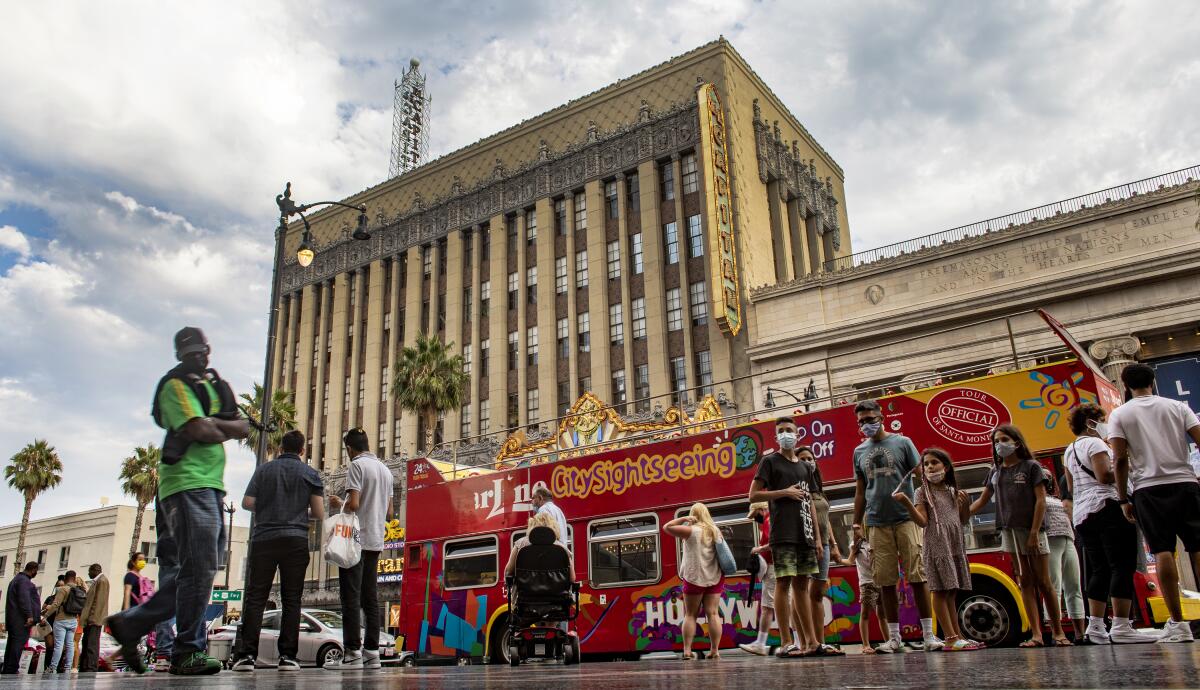 Tourists gather on Hollywood Boulevard