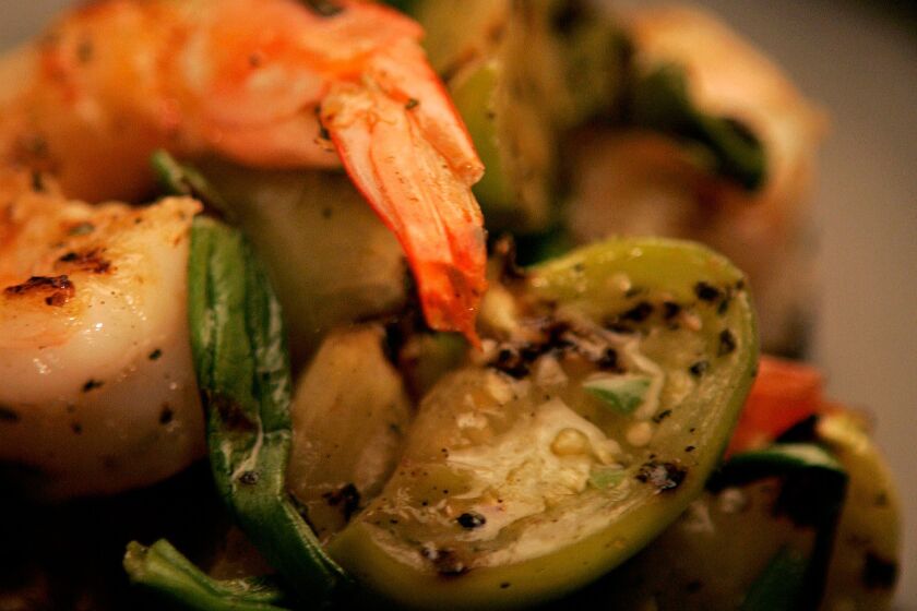 Recipe: Garlic shrimp with grilled tomatillos