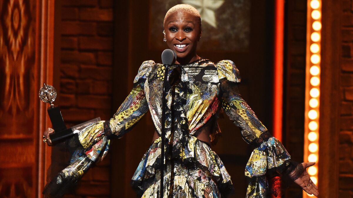 Cynthia Erivo accepts her award for "The Color Purple" during the Tony Awards.