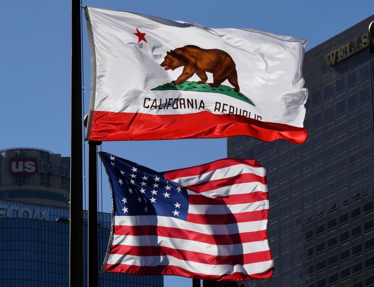 A campaign for California to secede from the U.S. is gaining support after Donald Trump's election as president. Above, the California and U.S. flags fly in downtown Los Angeles.