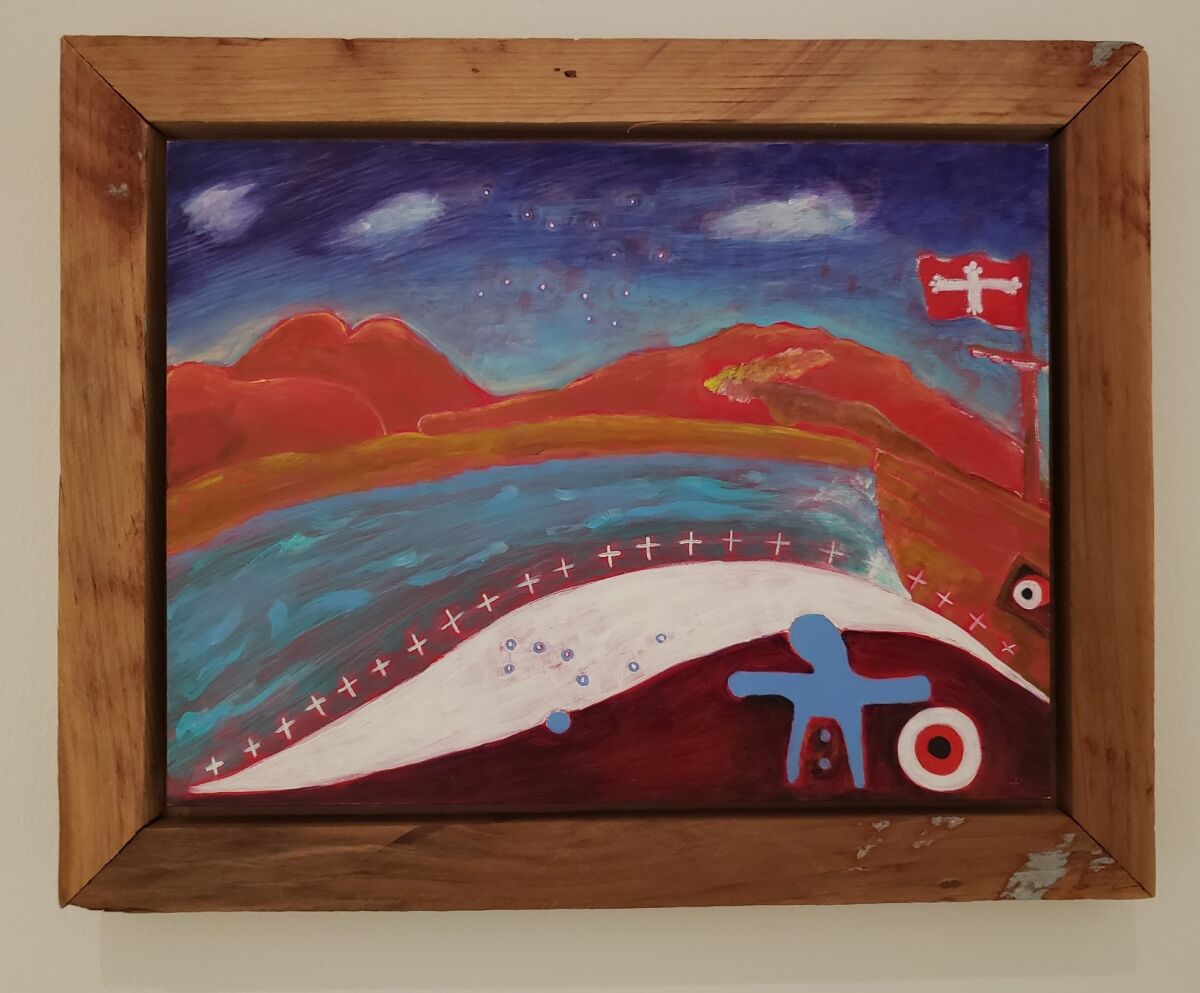 A small painting with a humanlike figure at bottom right and a conquistador flag at upper right