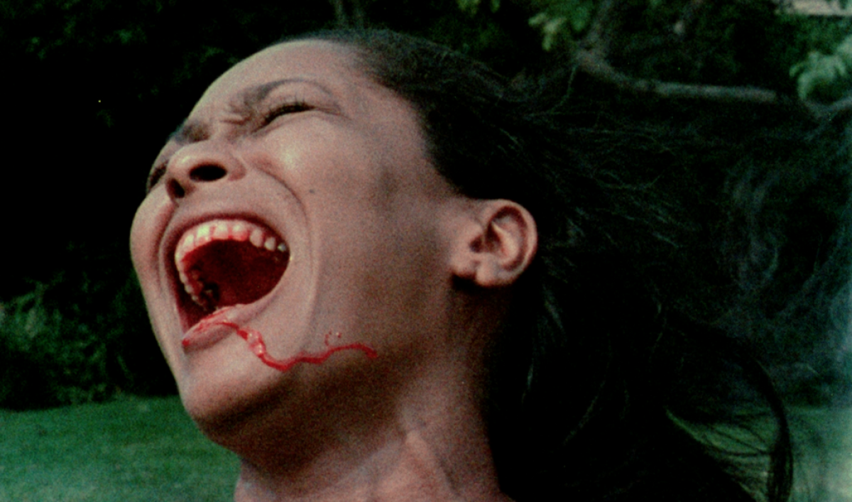 A screaming woman, her mouth wide open, with blood on her teeth and trickling down her chin.