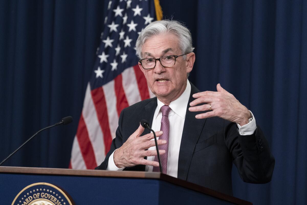 Federal Reserve Chair Jerome H. Powell gestures while speaking.