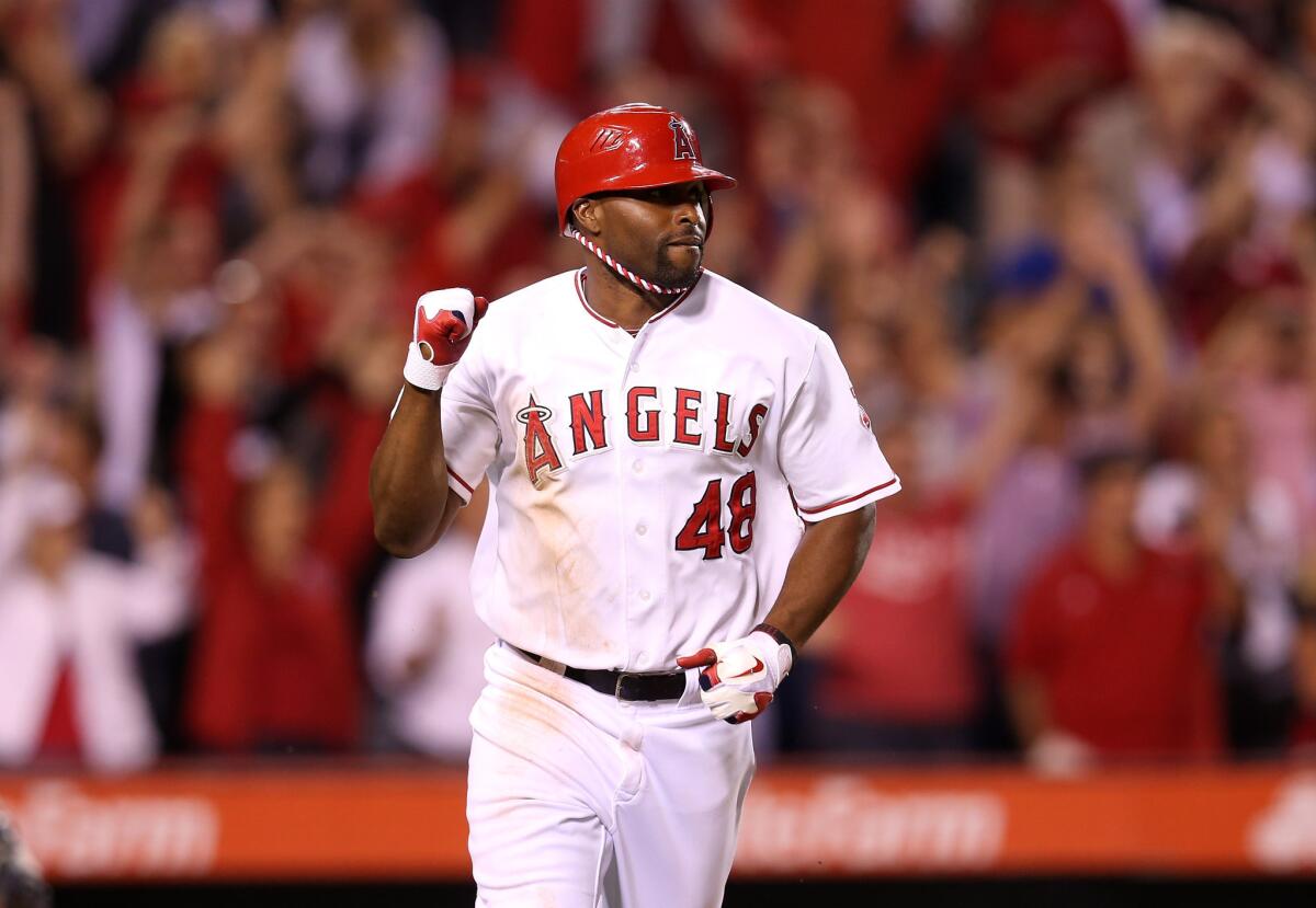Angels outfielder Torii Hunter reacts after delivering a game-winning hit against the Mariners last season.