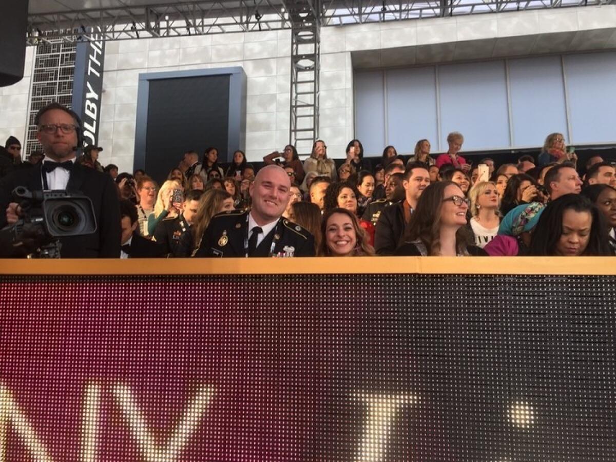 Adam Shaw, an Army public affairs master sergeant, on the red carpet of the Oscars on Feb. 26.