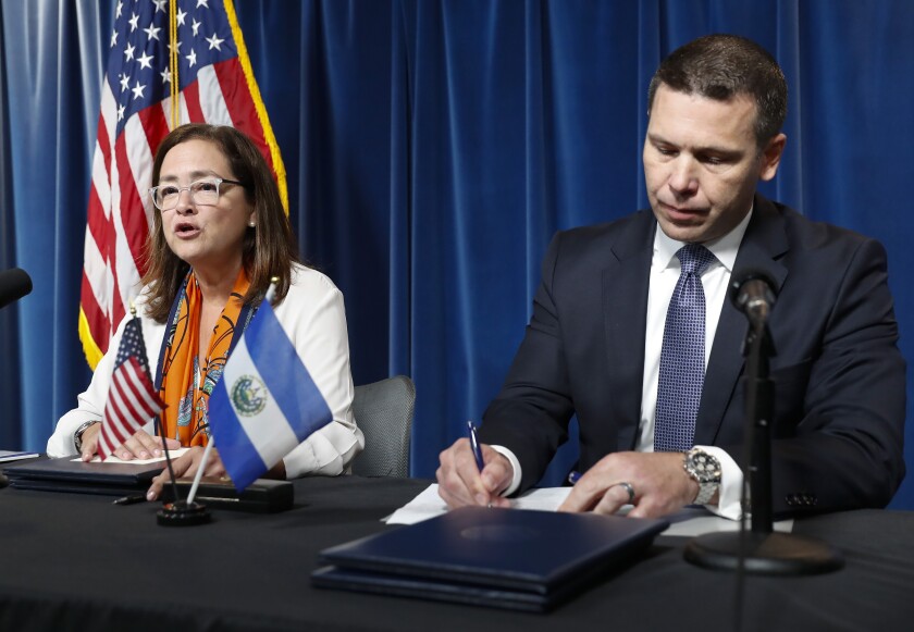 FILE - In this Sept. 20, 2019 file photo, Alexandra Hill Tinoco, Minister of Foreign Affairs for El Salvador speaks during a joint news conference with Acting Secretary of Homeland Security Kevin K. McAleenan at the US Customs and Border Protection Headquarters in Washington. El Salvador is not ready to receive asylum seekers from the United States and will not accept them until it can offer them the necessary protections and support, Hill Tinoco said Wednesday, Feb. 5, 2020. (AP Photo/Pablo Martinez Monsivais, File)
