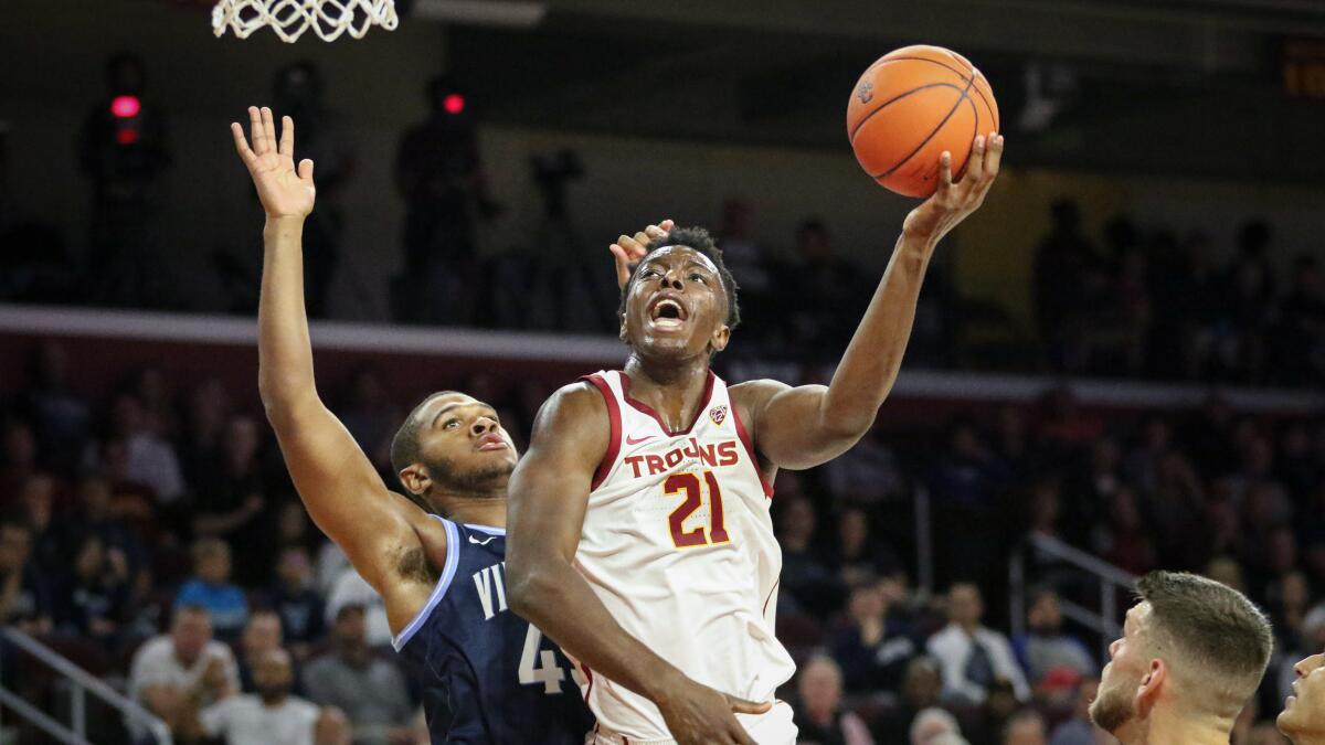 USC's Onyeka Okongwu goes up for a shot during an exhibition game against Villanova.