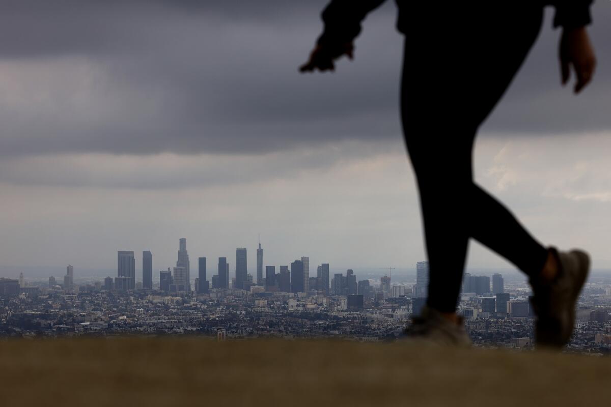 LOS ANGELES-CA-FEBRUARY 29 , 2024: A view of downtown Los Angeles is seen from Runyon Canyon, a popular hiking spot in Los Angeles, on February 29, 2024. The Los Angeles City Council established new parking restrictions (permit exempt) for residential streets surrounding Runyon Canyon. (Christina House / Los Angeles Times)