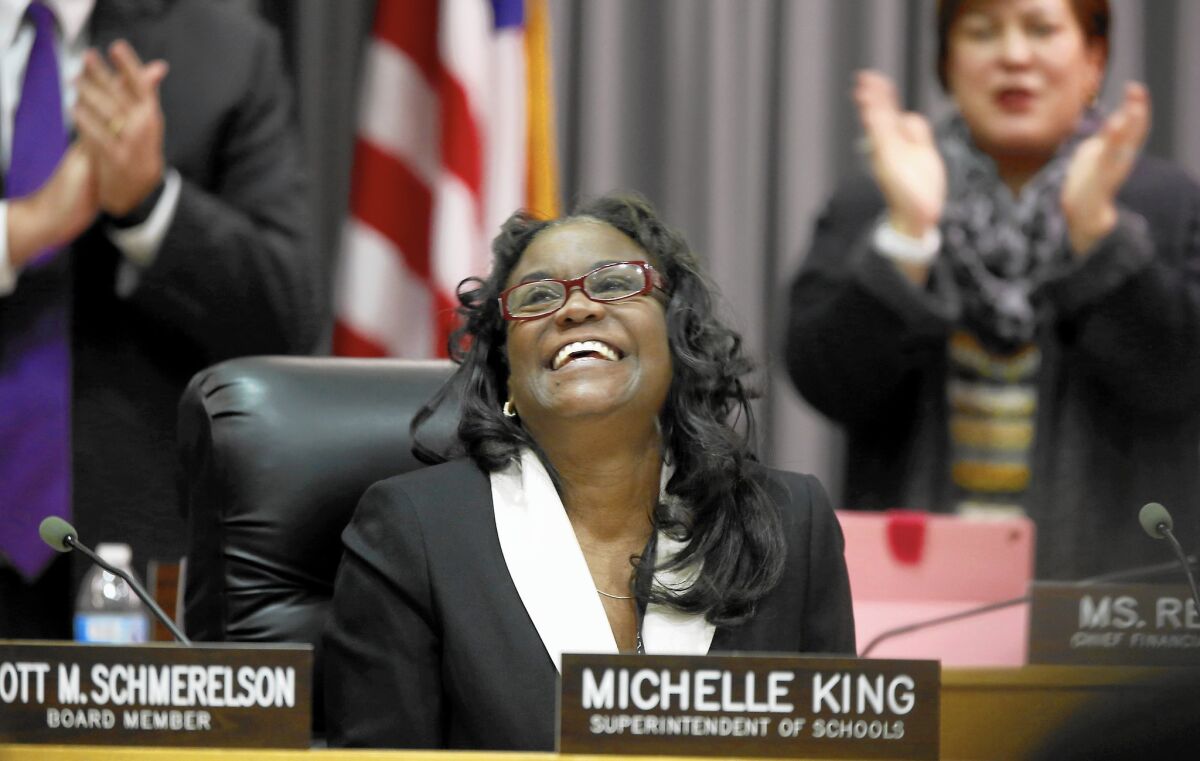 Michelle King is introduced Tuesday as she presides over the Los Angeles Unified School Board meeting as the new superintendent.