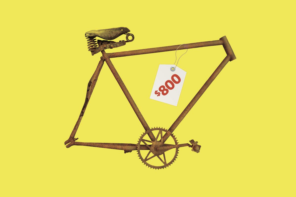Illustration of a bike frame, with an $800 price tag on it.