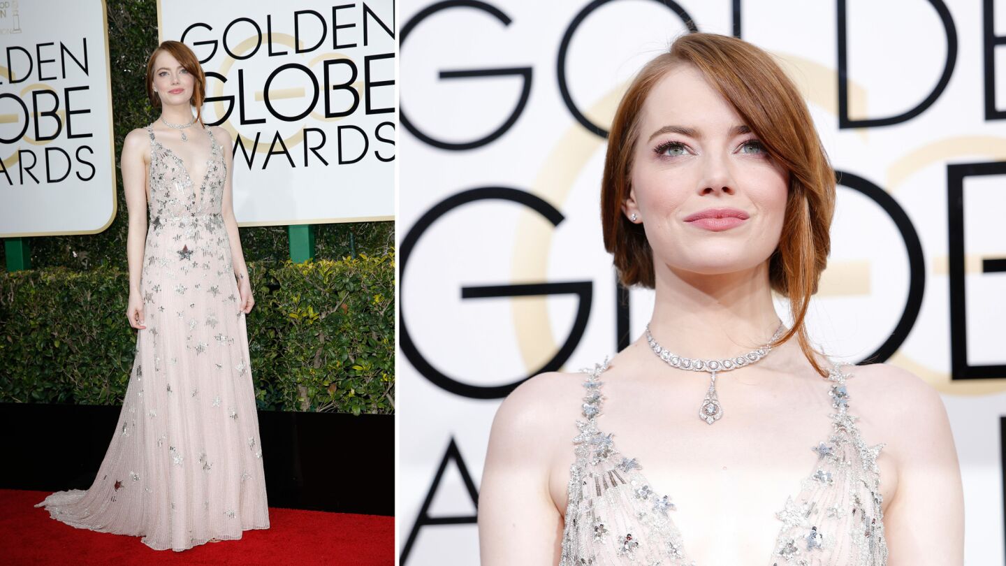 Emma Stone at the Golden Globes at the Beverly Hilton in Beverly Hills on Jan. 8, 2017.