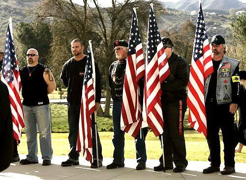 There was an outpouring from the community of Thousand Oaks for the family of Lance Corporal Anthony Charles Melia, killed on Jan. 27 while serving with the Marines in Iraq. People lined the streets of the funeral procession route to show their suppoirt. Here, Members of the Patriot Guard Riders offer support at Calvary Community Church in Westlake Village.