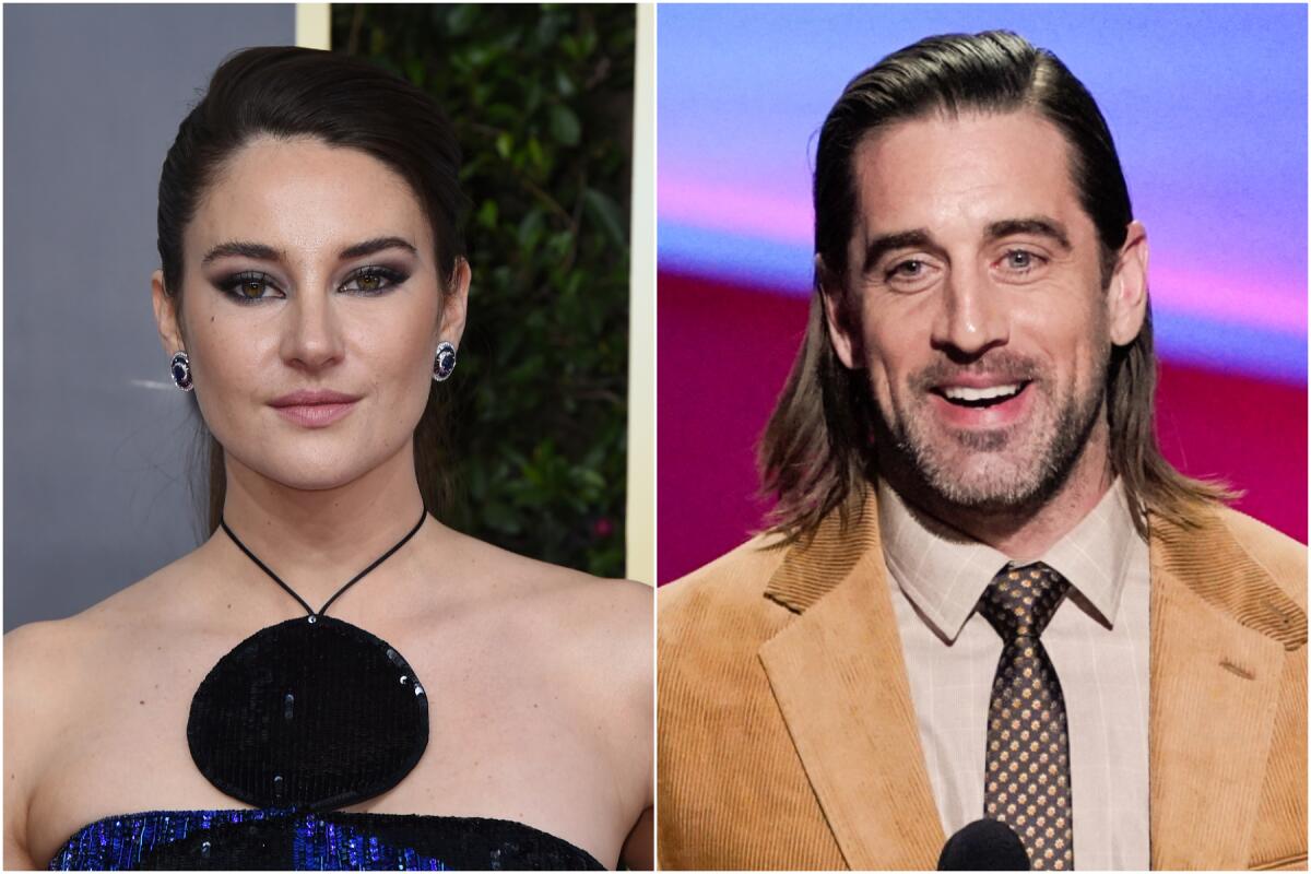A split image of Shailene Woodley in a sleeveless dress and Aaron Rodgers in a brown suit.