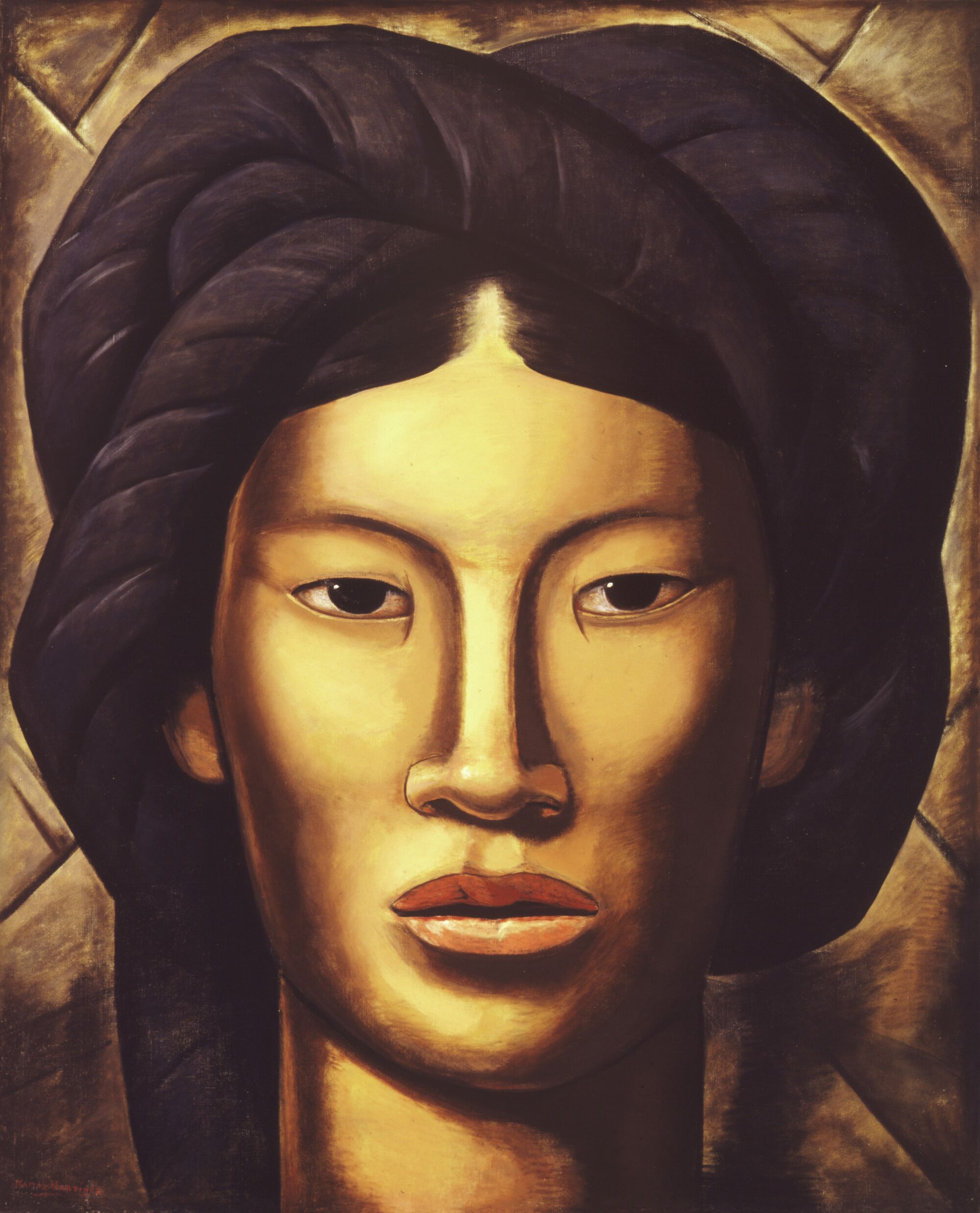 An earth-toned painting shows a taciturn young Indigenous girl resolutely meeting the viewer's gaze
