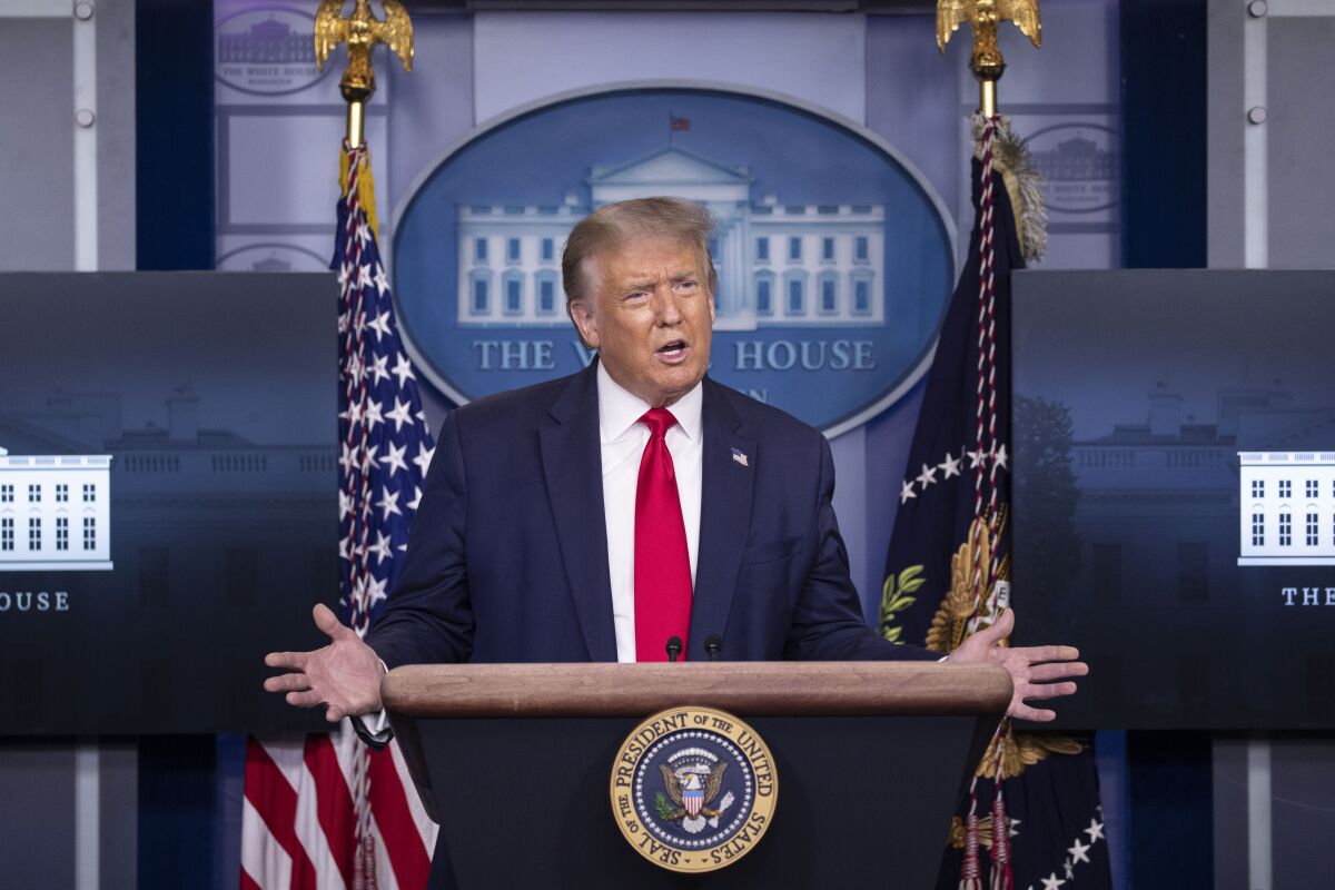 President Donald Trump speaks during a briefing with reporters in August 2020.