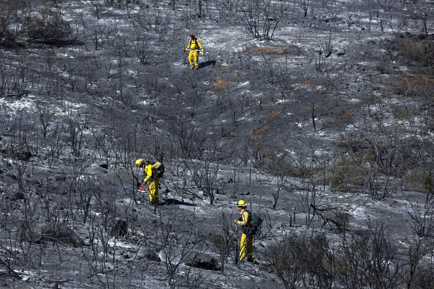 Firefighters mop up hot spots along South Main Divide in Cleveland National Forest.
