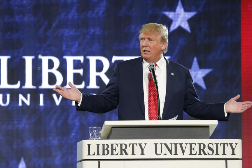 Republican presidential candidate Donald Trump during a speech at Liberty University in Lynchburg, Va.