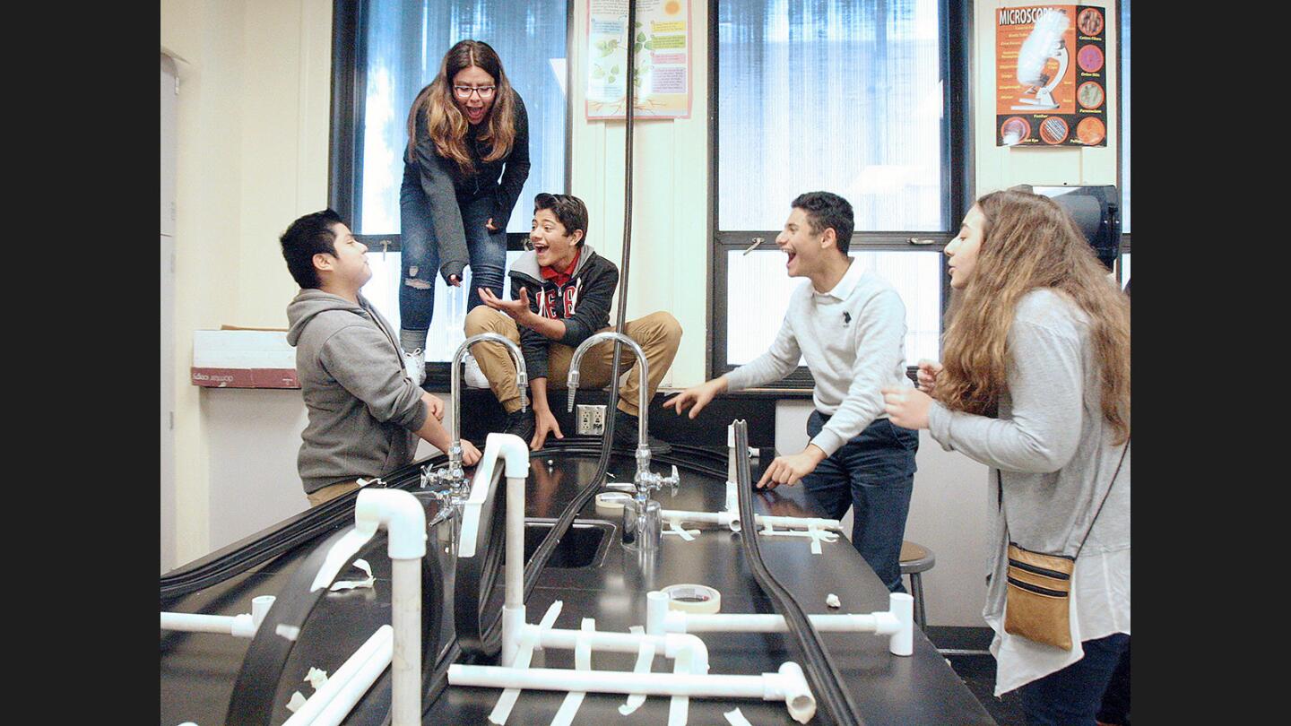 Photo Gallery: 8th grade Theodore Roosevelt Middle School students make roller coasters in physical science class