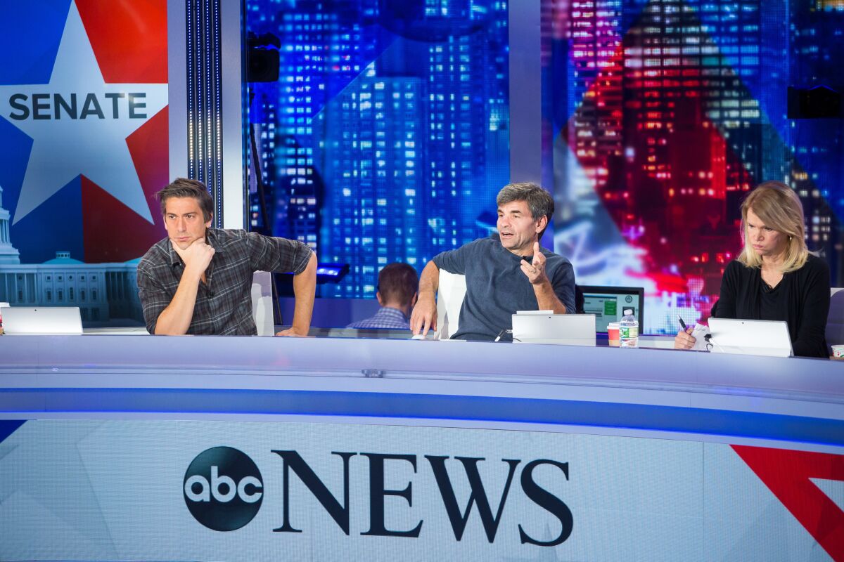 ABC News chief anchor George Stephanopolous, center, with David Muir, left, and Martha Raddatz, right, during a rehearsal for ABC News' election night coverage.