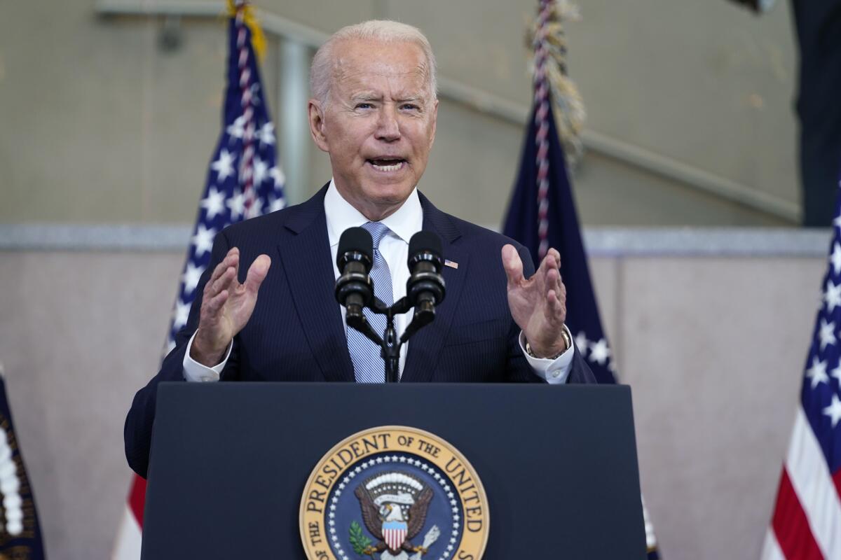 President Joe Biden delivers a speech on voting rights at the National Constitution Center, Tuesday, July 13, 2021, in Philadelphia. (AP Photo/Evan Vucci)