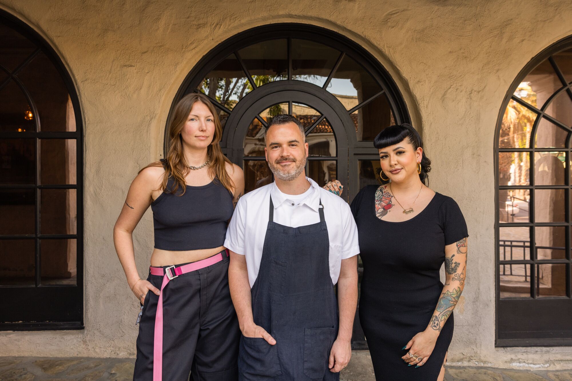 Sommelier Kae Whalen, chef Doug Rankin and general manager Gretel Diaz stand outside Bar Chelou.
