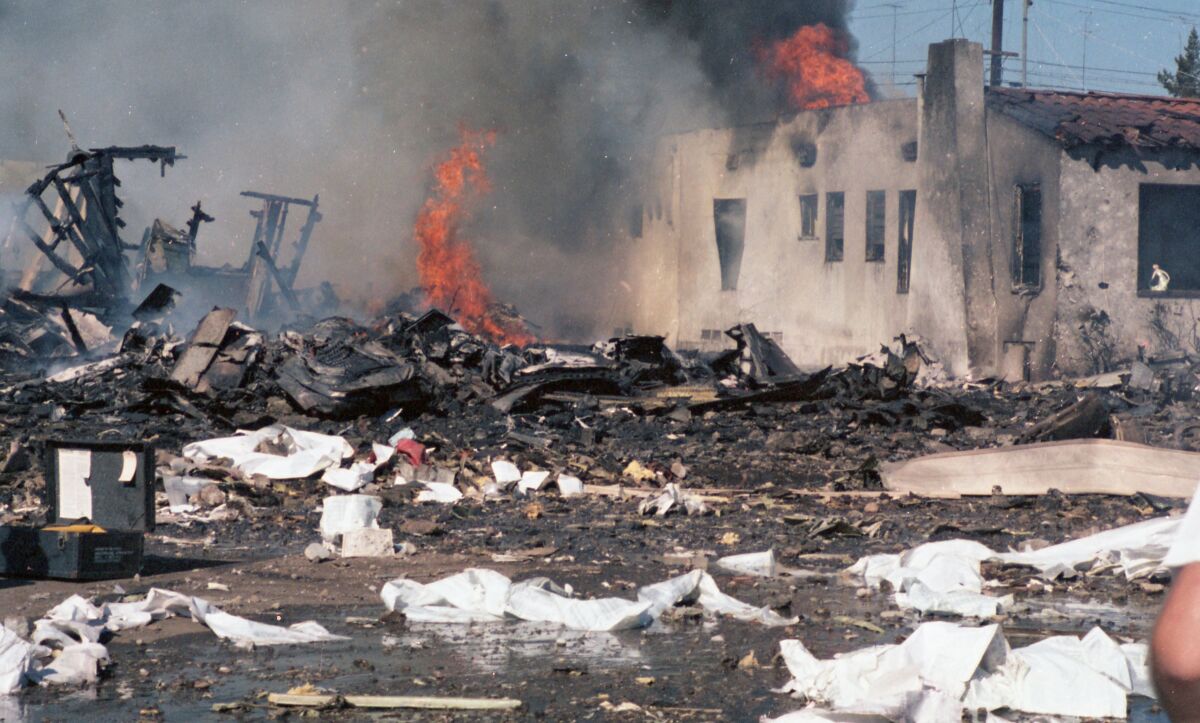 Burning wreckage from the crash of Pacific Southwest Airlines flight 182 in North Park on Sept. 25, 1978.  