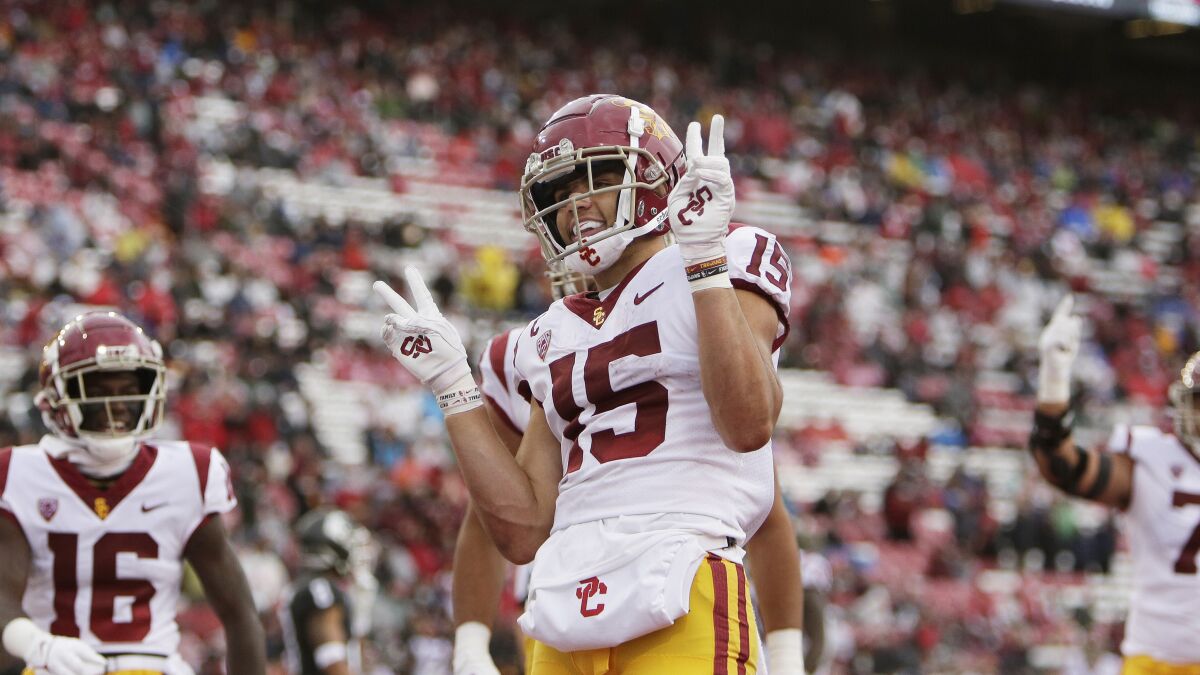 USC wide receiver Drake London celebrates after scoring a touchdown against Washington State in September.