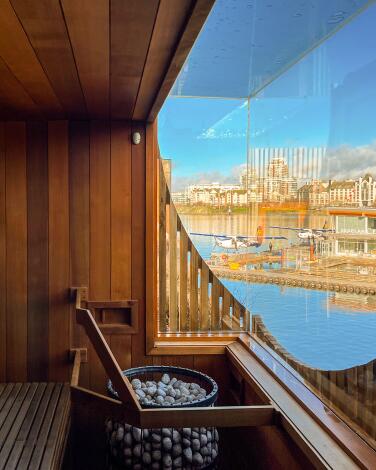 HAVN, a floating sauna, is housed in Victoria's Inner Harbor, Vancouver Island.