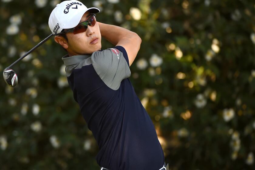 Bae Sang-moon hits his tee shot at No. 8 during the third round of the Frys.com Open on Saturday.