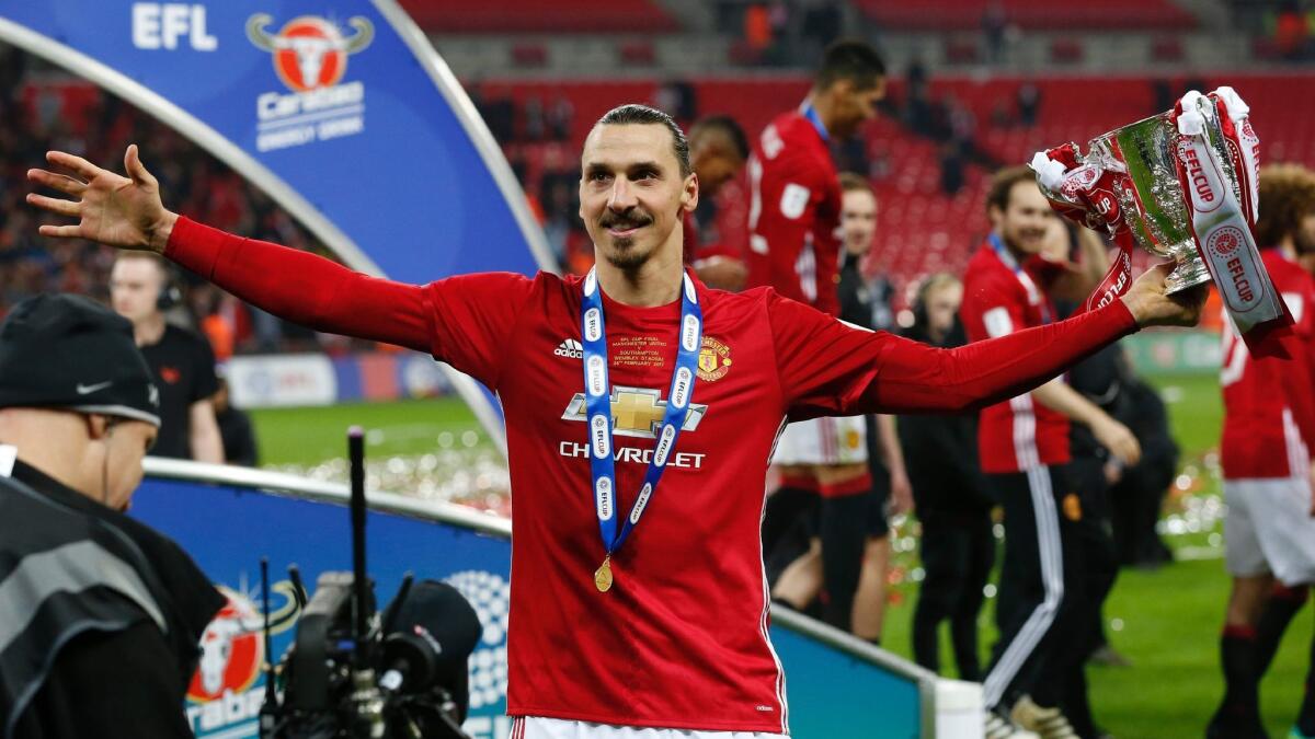Manchester United's Zlatan Ibrahimovic celebrates after the team's victory over Southampton in the English League Cup final on Feb. 26.