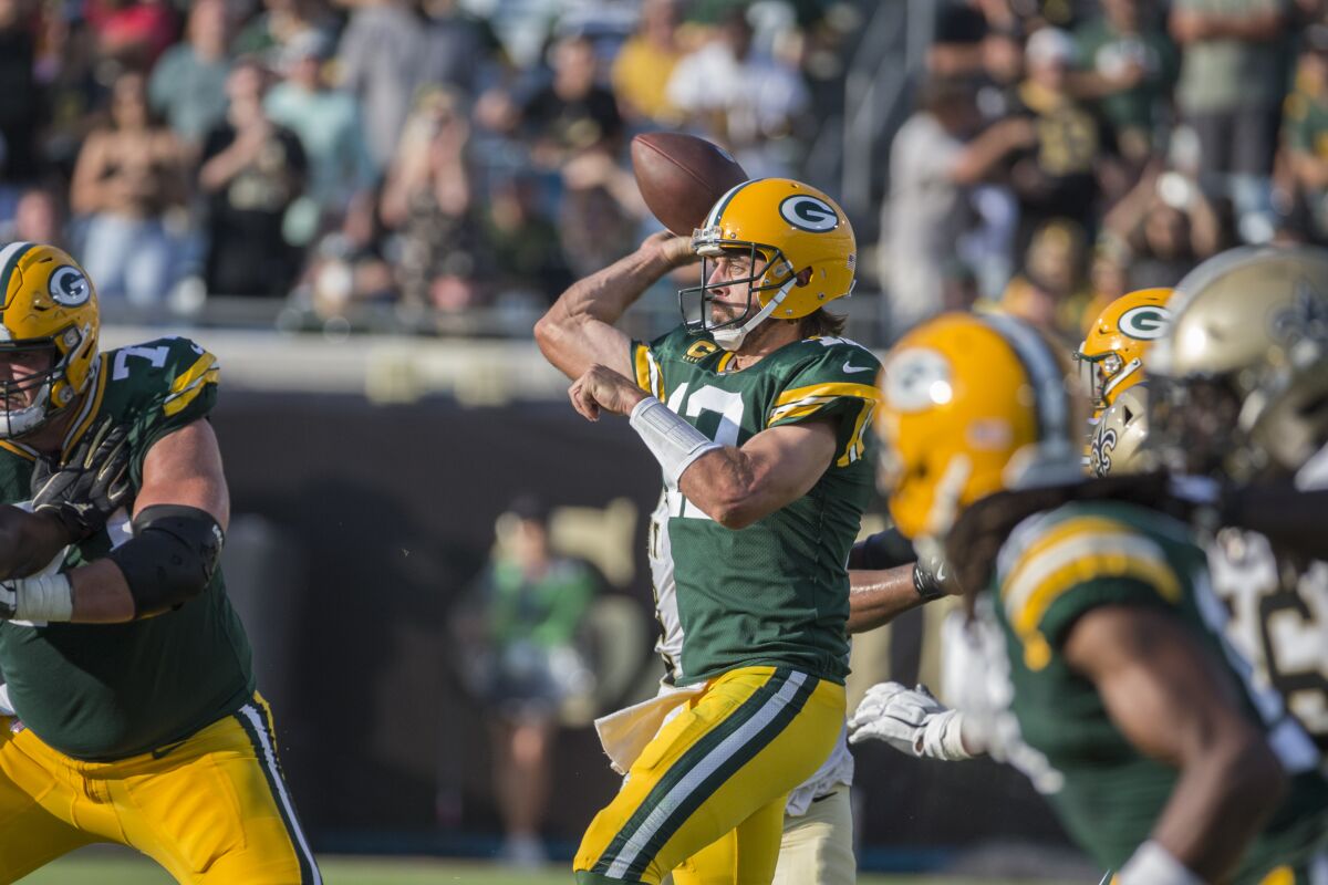 Green Bay Packers quarterback Aaron Rodgers throws from the pocket.