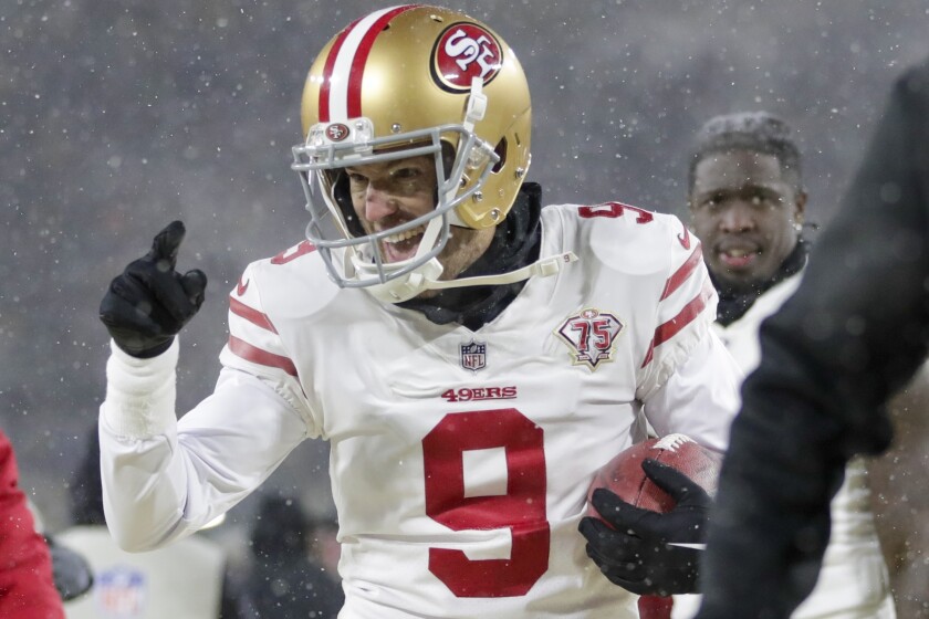 San Francisco 49ers' Robbie Gould celebrates after an NFC divisional playoff NFL football game against the Green Bay Packers Saturday, Jan. 22, 2022, in Green Bay, Wis. The 49ers won 13-10 to advance to the NFC Chasmpionship game. (AP Photo/Aaron Gash)