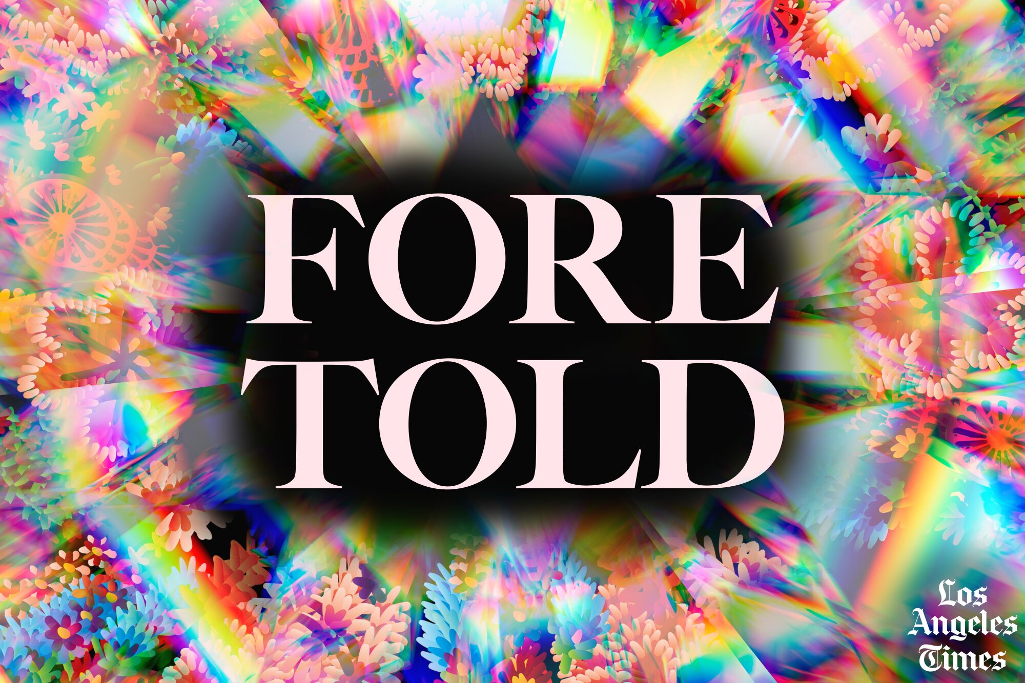 The Foretold logo surrounded by rainbow light that shines on a backdrop of flowers and Romani wheels.