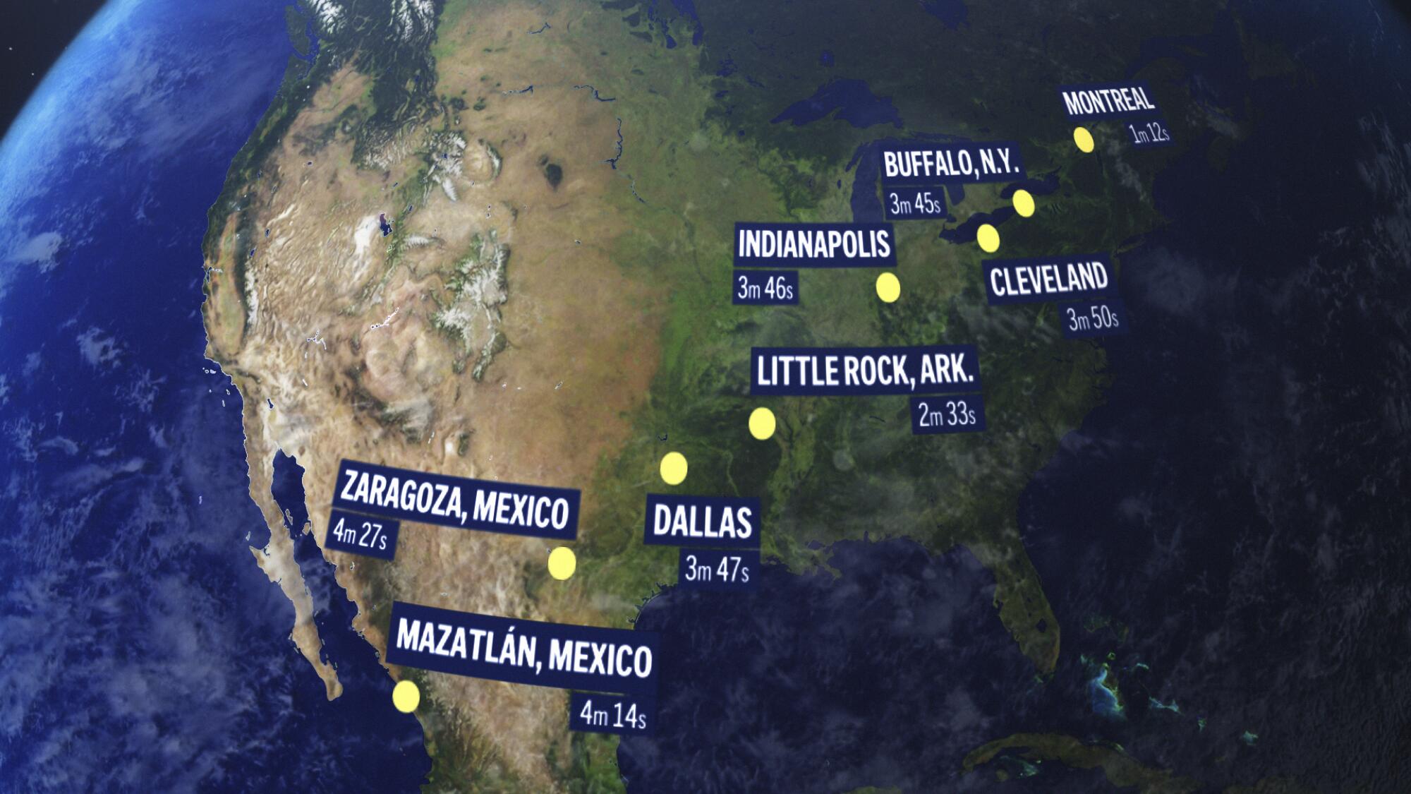 A map  showing North American cities and their eclipse duration times. 