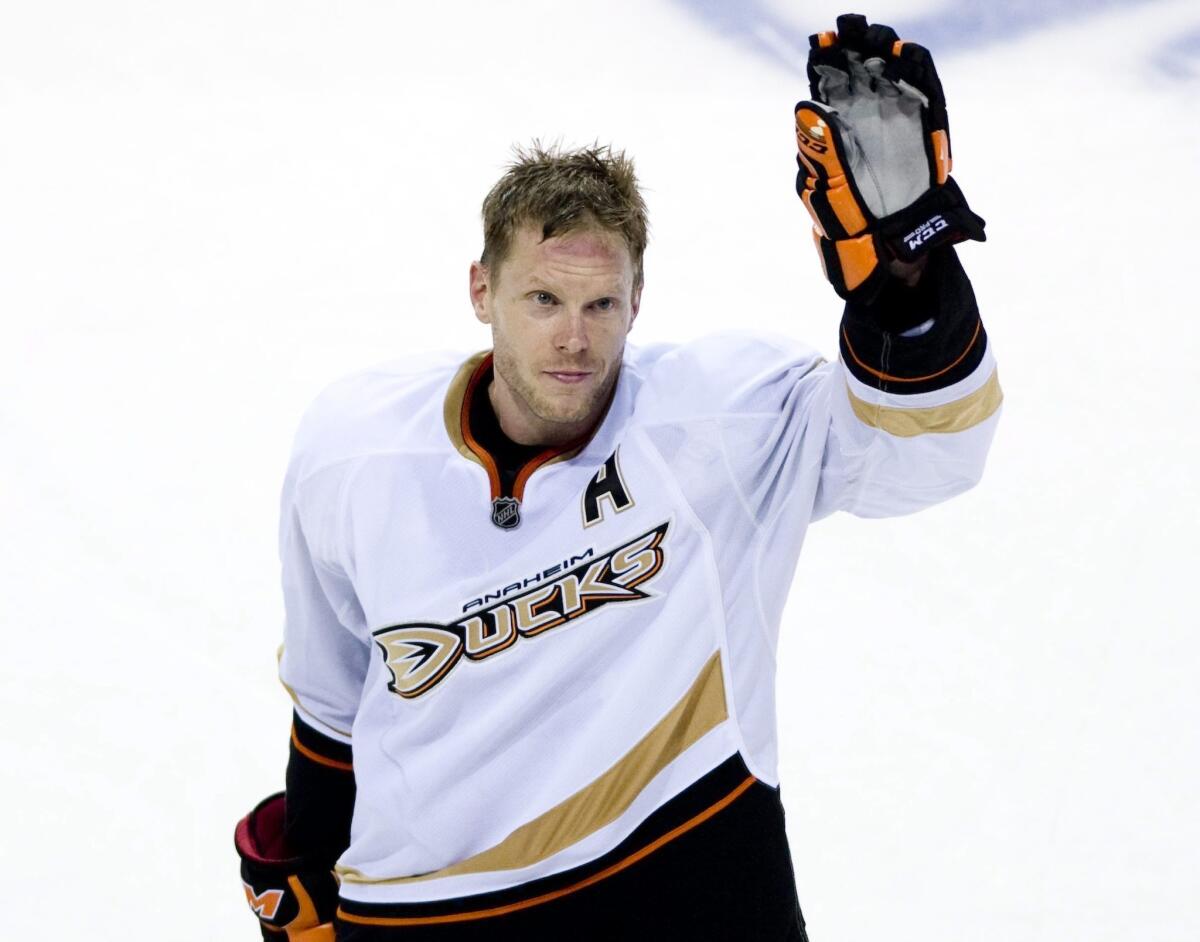 Now-retired Ducks center Saku Koivu waves to the crowd after a game against his former team, the Canadiens, in Montreal back in 2011.