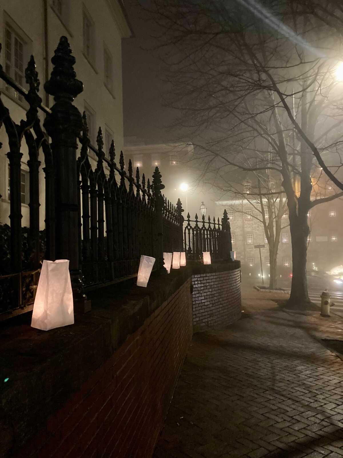 Luminaria glow during a foggy night on Main Street in Bethlehem, Pa.
