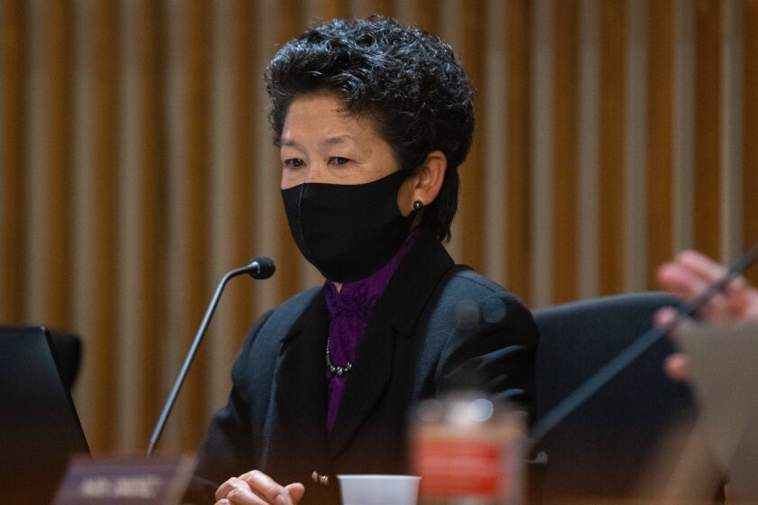Commissioner Ann Hsu during meeting on Aug. 2, where the San Francisco school board voted unanimously to admonish Hsu over racially incendiary statements she made in a candidate questionnaire about equitable education.