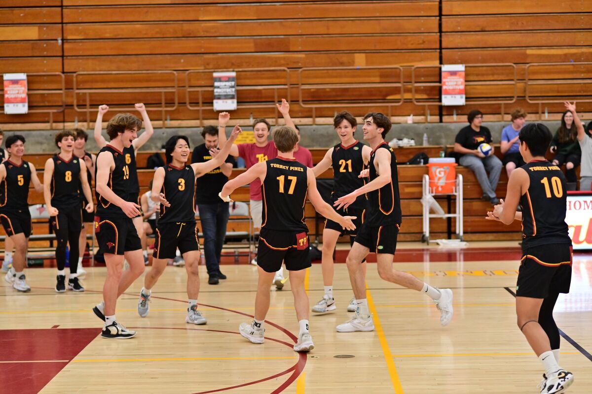 The Torrey Pines boys volleyball team celebrates a playoff win.